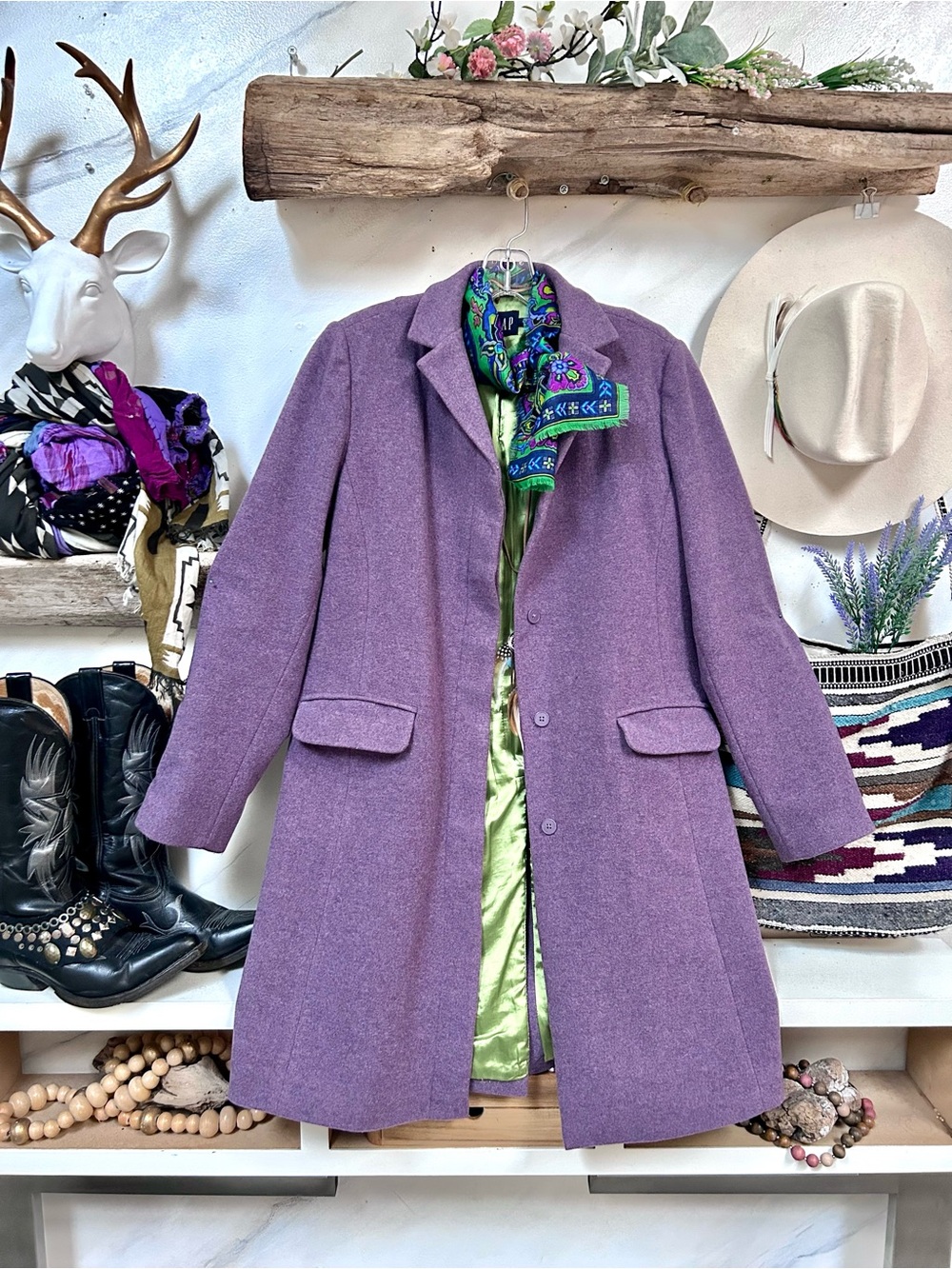 Cashmere wool blend Purple Pea boho Coat w southwestern vibe